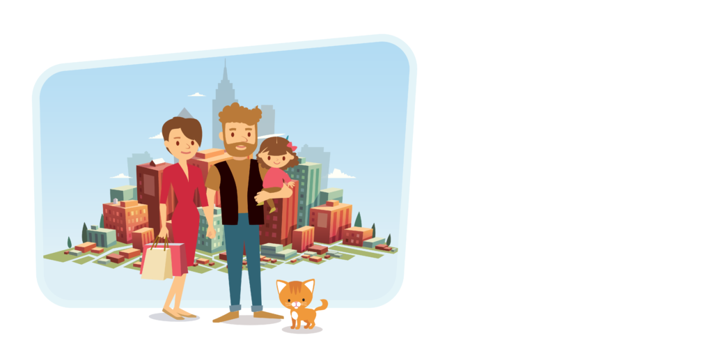 ‘Your Perfect Life’ marketing image, couple with young daughter and a cat in front of city skyline