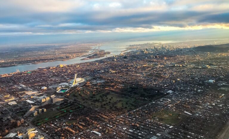 Aerial view of Montreal city skyline, Olympic Stadium