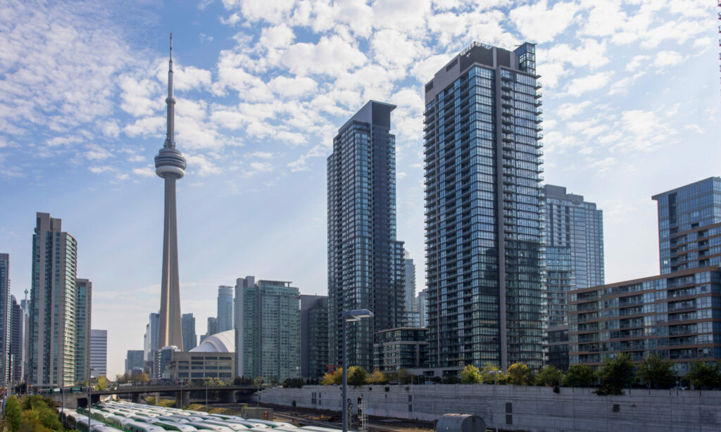 View of Toronto city skyline, including CN Tower, office buildings and condominiums