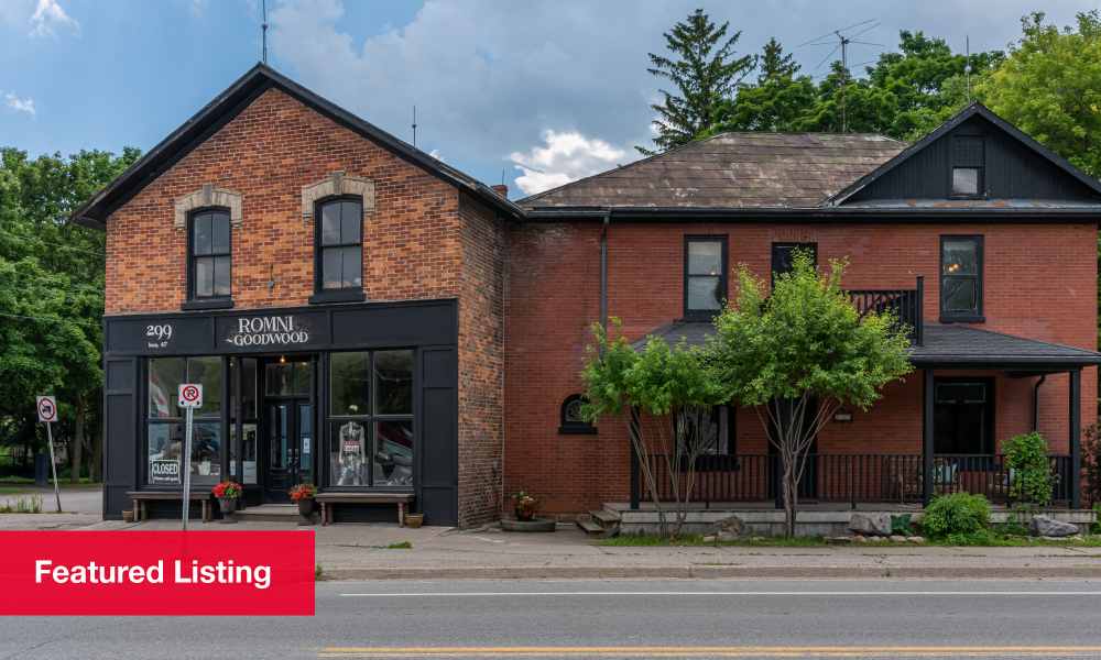 Exterior view of residential/retail property in Uxbridge, featured as Rose Apothecary in Schitt’s Creek