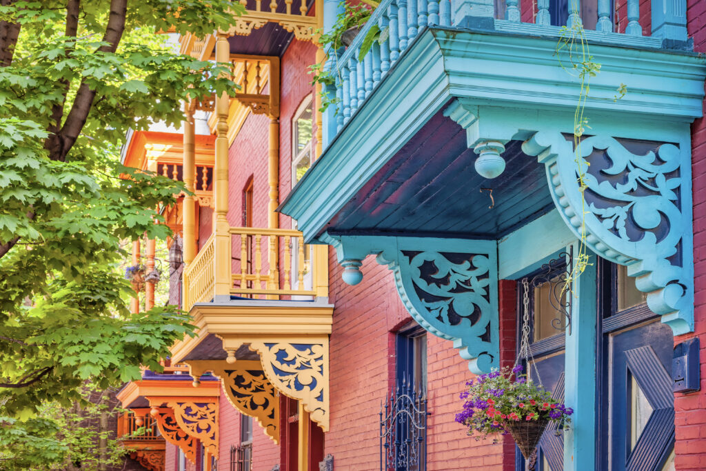 Exterior view of colourful balconies on a Montreal street