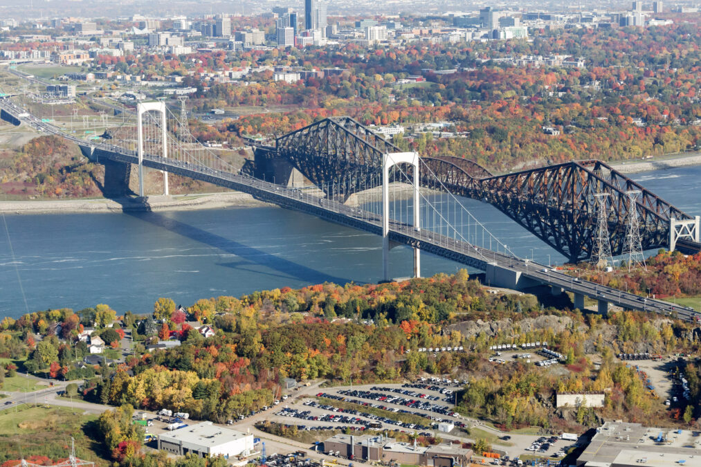Aerial fall view of the Quebec bridges (Ponts de Quebec) crossing the St. Lawrence River