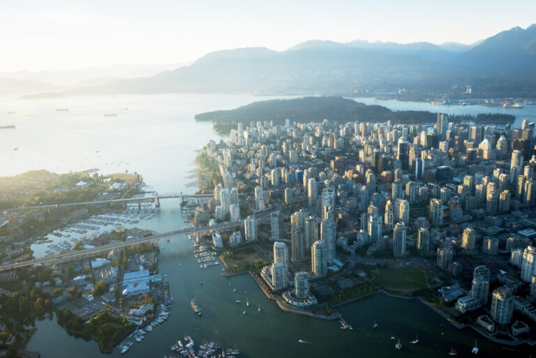 Aerial view of the downtown Vancouver skyline in the daytime
