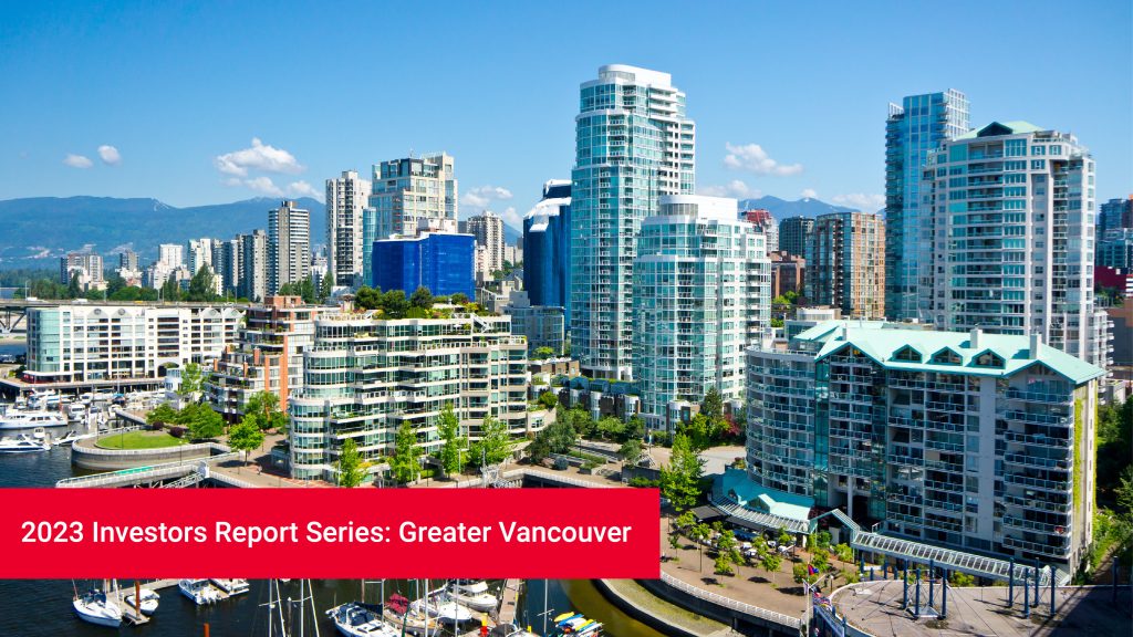 A daytime aerial view of condo buildings along the Vancouver shoreline