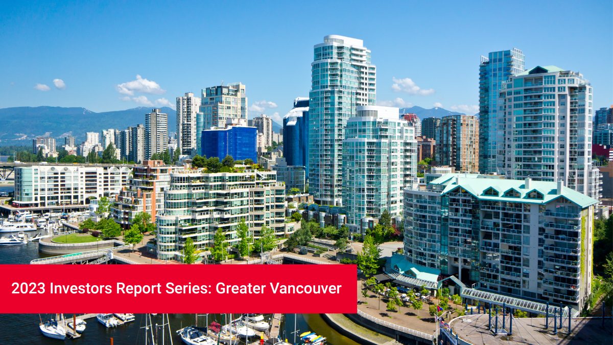A daytime aerial view of condo buildings along the Vancouver shoreline