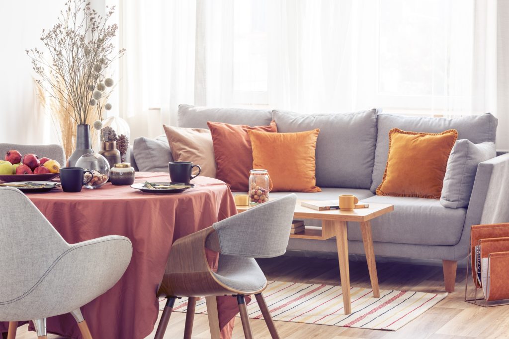 Modern living room with grey sofa and autumn decor