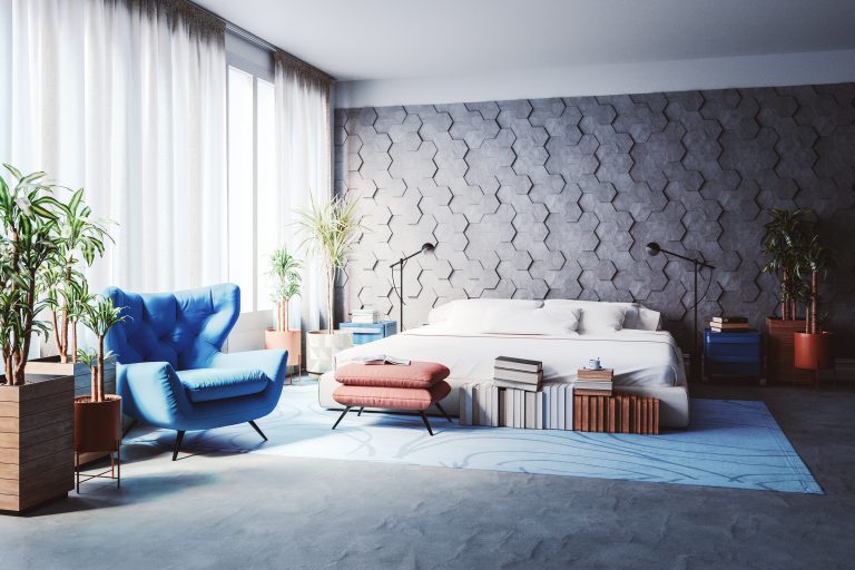 Blue modern bedroom with wall pattern design element