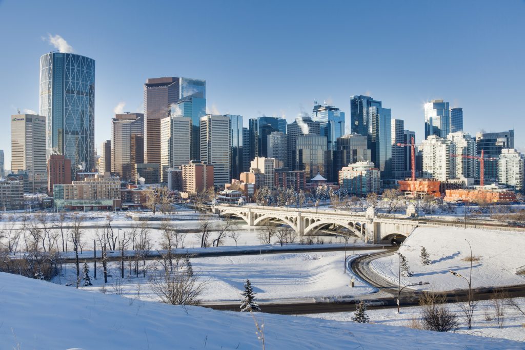 The downtown Calgary city skyline during the winter as seen from Crescent Heights