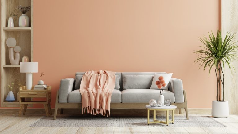 Living Room in trend peach fuzz color 2024 year.grey sofa with peach color paint wall