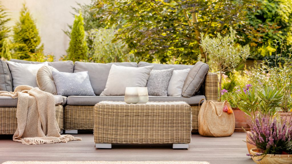 Morning sun a modern designed terrace with autumn plants