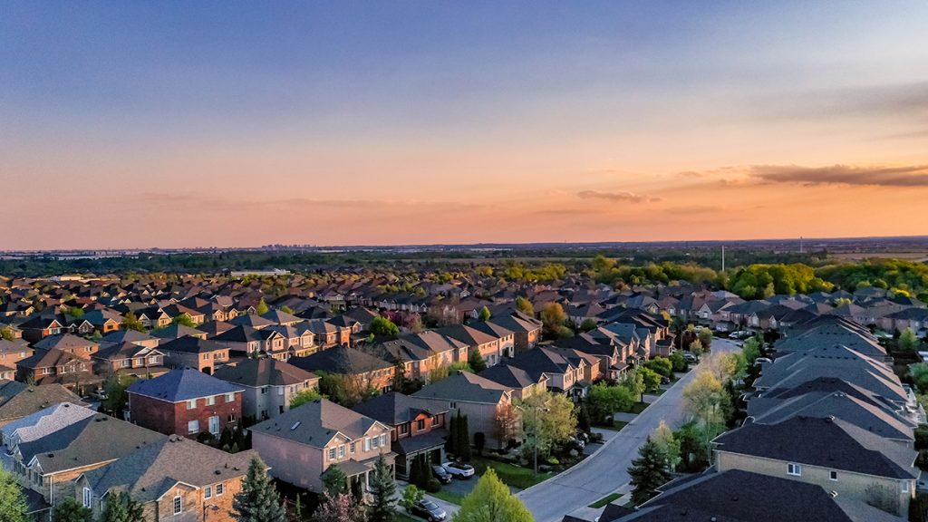 Aerial view of suburban neighbourhood in southern Ontario at sunset