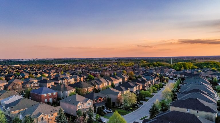 Aerial view of suburban neighbourhood in southern Ontario at sunset