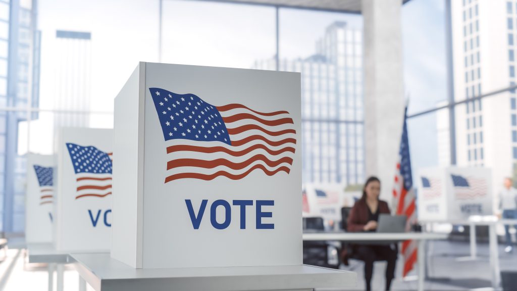 A US election ballot box in a voting room during the day