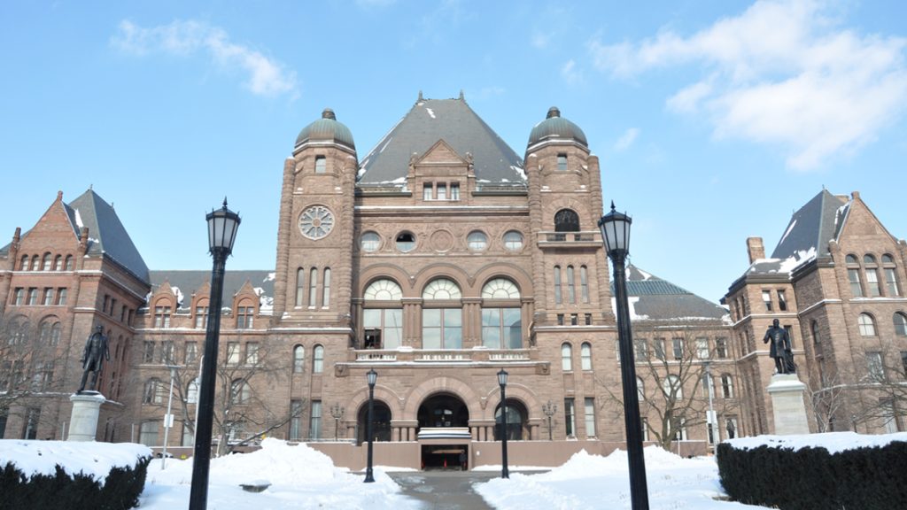 Exterior of Ontario’s Legislative Assembly in winter