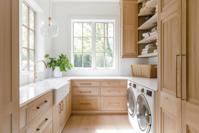 A modern laundry room on a sunny day