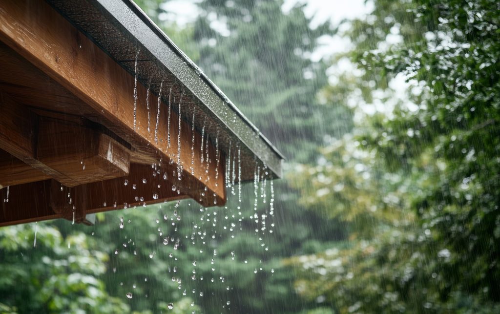 Drenching downpour rain storm water is overflowing off the tile shingle roof