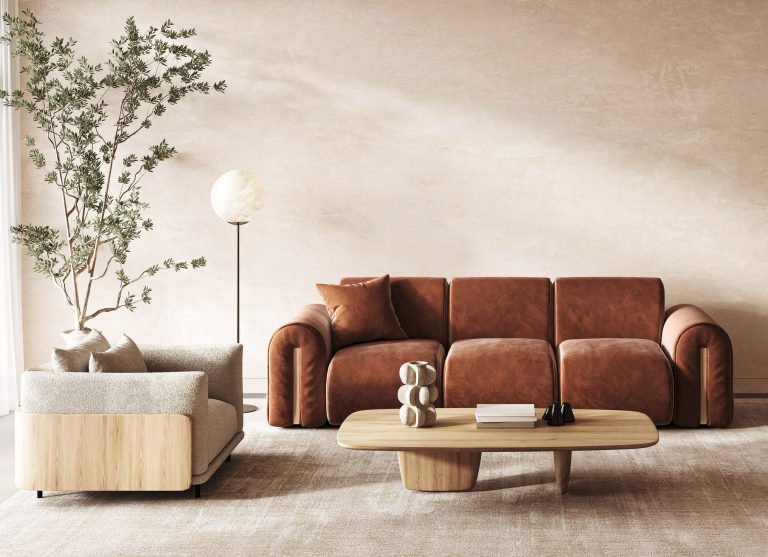 Scandinavian living room featuring a luxurious velvet terracotta sofa, modern wooden furniture, and a chic floor lamp for a sophisticated ambiance
