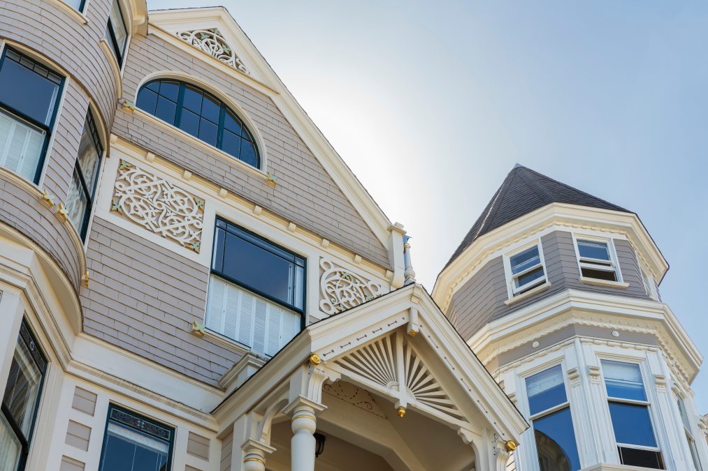 Row of Victorian townhouses with gables