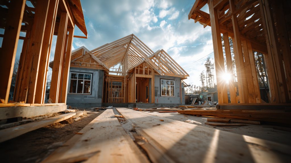 New house under construction with wooden framing and clear sky