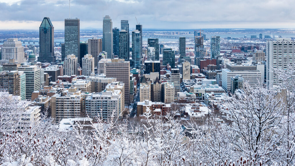 An aerial view of a the Montreal skyline in winter