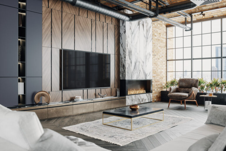 A modern loft living room in a luxury condo