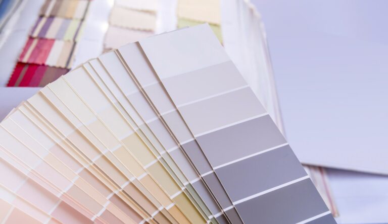 Swatch of paint chips in neutral tones