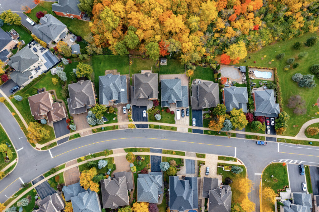 Aerial view of a suburban neighbourhood in the fall