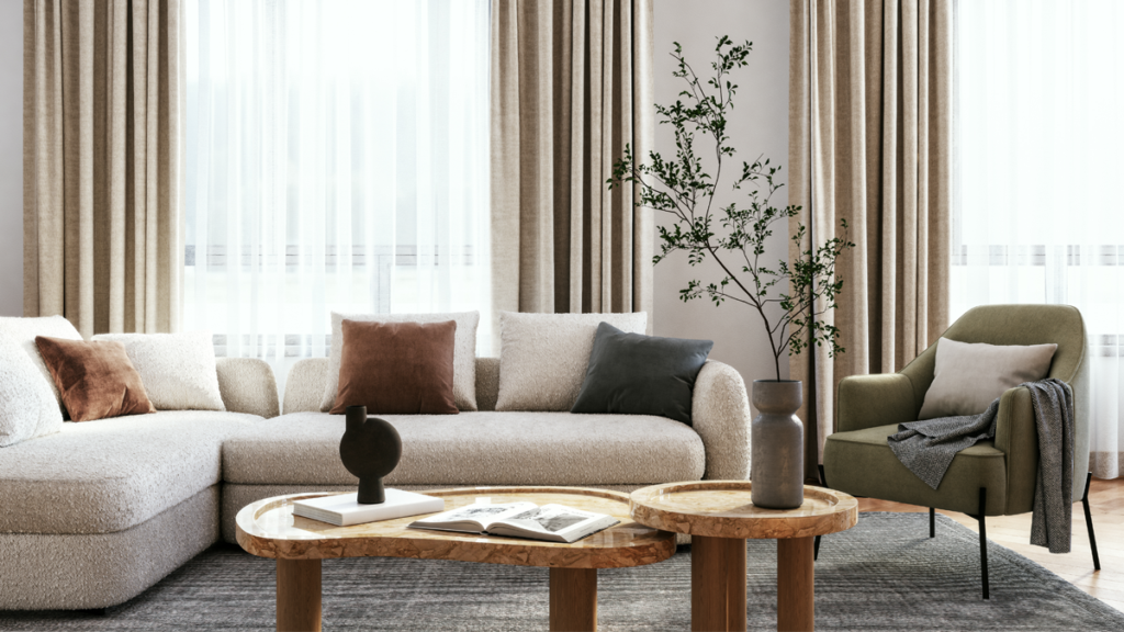 Living room interior with beige, brown and green colored furniture and wooden elements